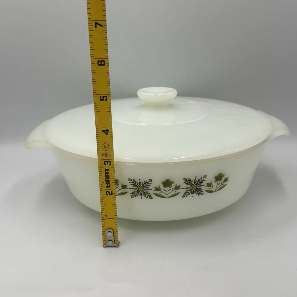 Vintage Fire King1.5 Qt Casserole W/Lid White/Green Meadow Design Anchor Hocking